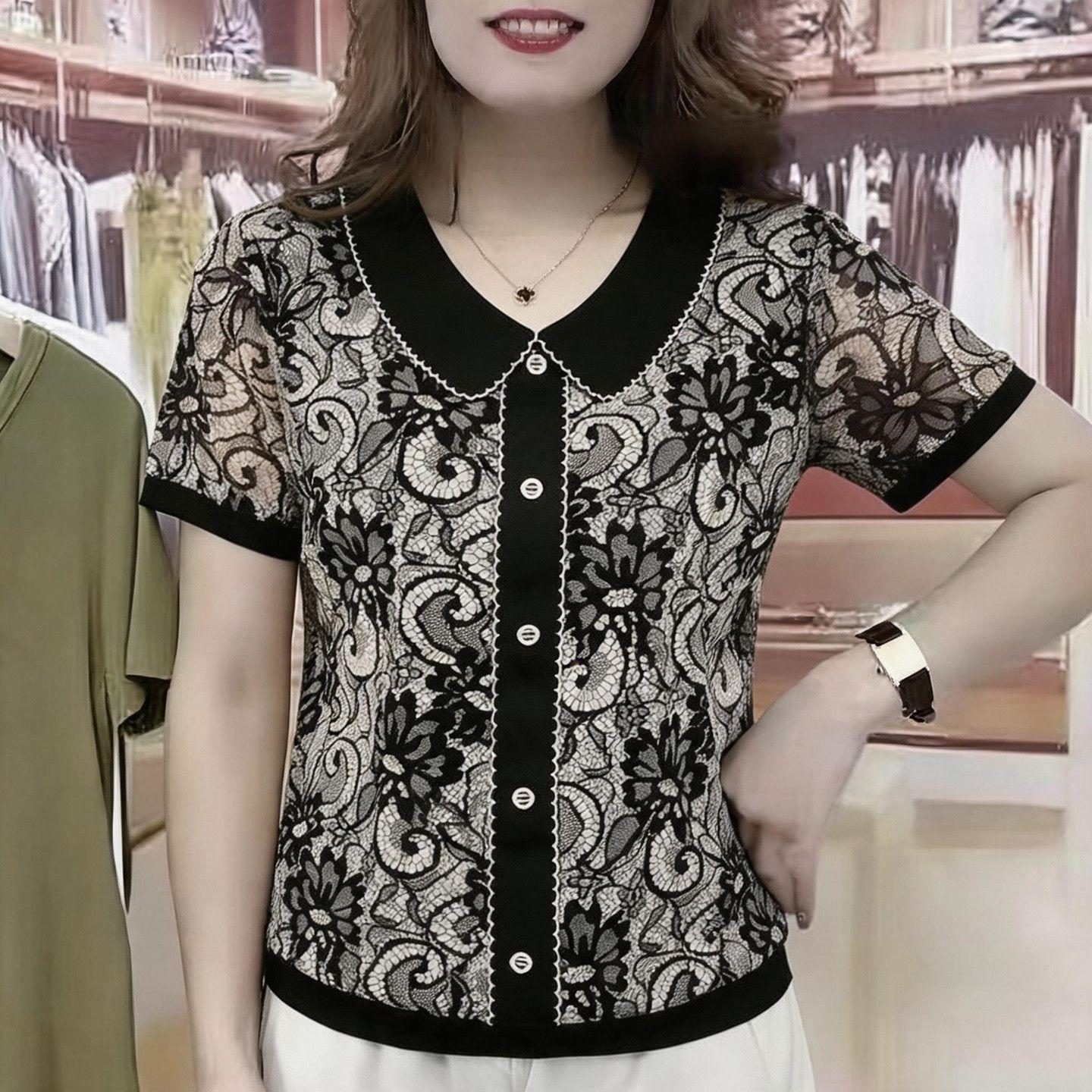 2026 Summer New Slimming Elegant Short-Sleeve T-Shirt, Loose Floral Print Fashionable Top for Middle-Aged and Elderly Mothers