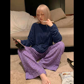 慵懒风紫色小碎花长裤睡裤女春秋款舒适休闲阔腿裤大码家居遛弯裤