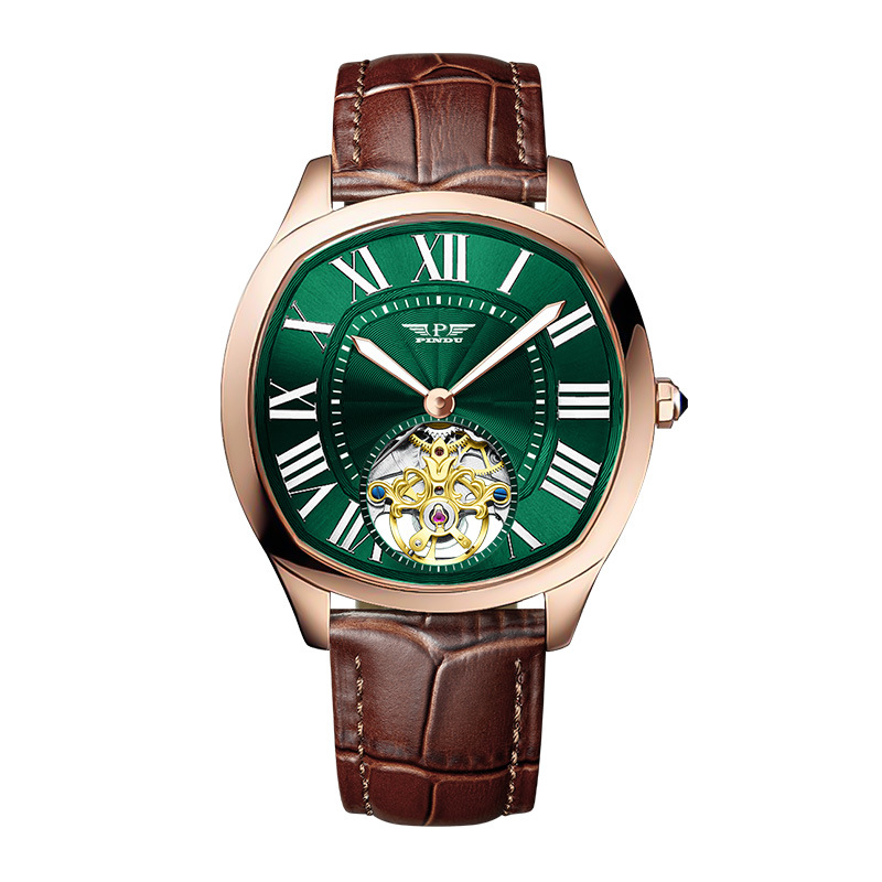 Đồng hồ cơ nam tự động lộ máy dây da dạ quang — 6516 mặt xanh da nâu, 6516 hồng vỏ trắng da nâu, 6516 mặt đen da đen