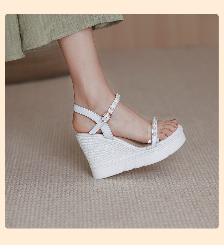 Sandal cao gót nữ hở mũi quai ngang đính ngọc trai, đế xuồng dày dáng La Mã — màu trắng, màu mơ chi tiết 11
