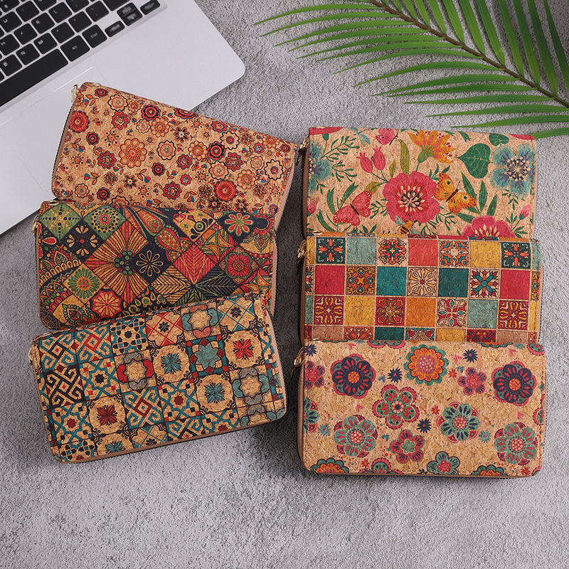 New Bohemian Style Double-pull Long Wallet Wood Grain Retro Portable Geometric Multi-card Large Capacity Wallet