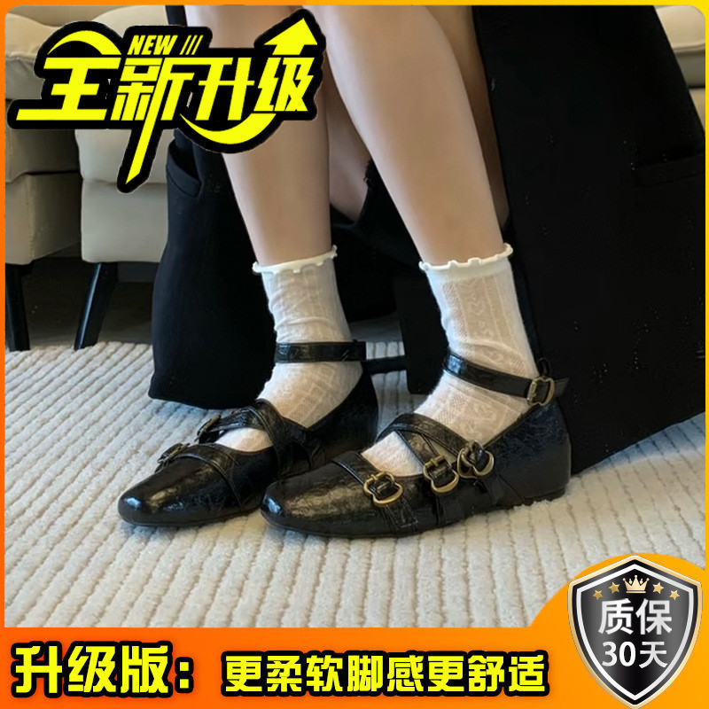 秋季设计感交叉绑带坡跟单鞋女士小众复古小皮鞋浅口内增玛丽珍鞋|undefined