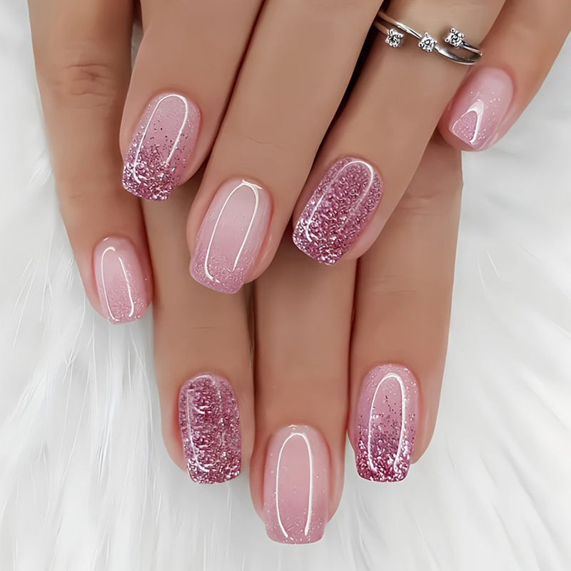 Cross-Border Popular Wearable Nail Patches, Sparkling Pink Gradient European Square Manicure, Sexy Dreamy Fake Nail Patches
