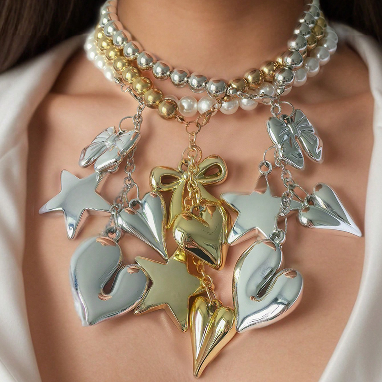 40g Weight Exaggerated Sweet Star Heart Shape Bow Knot Plastic Beaded Chain Lobster Trigger Clasp Closure Statement Necklaces Wholesale