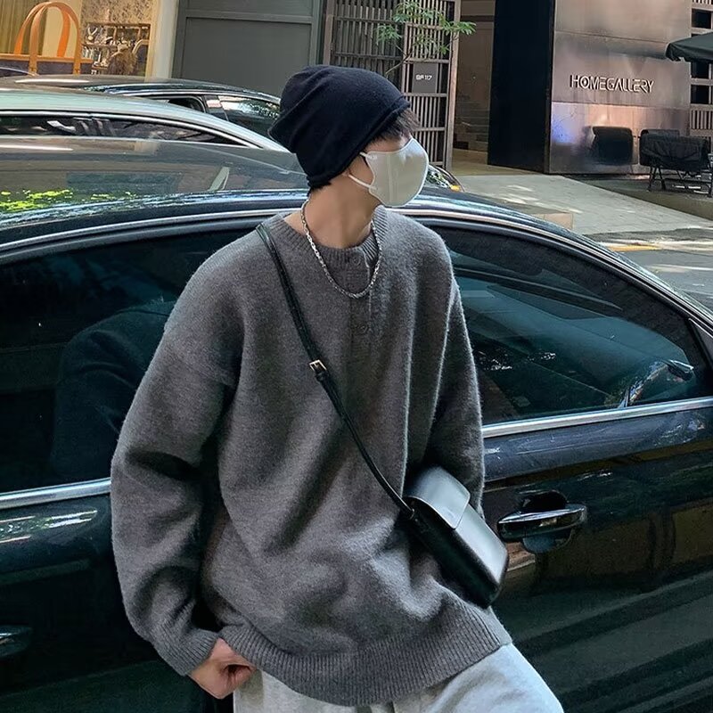 겨울 유행 브랜드 솔리드 컬러 다재다능한 헨리 넥 스웨터 남성용 미국식 느슨한 통근 두꺼운 라운드 넥 니트 울 스웨터