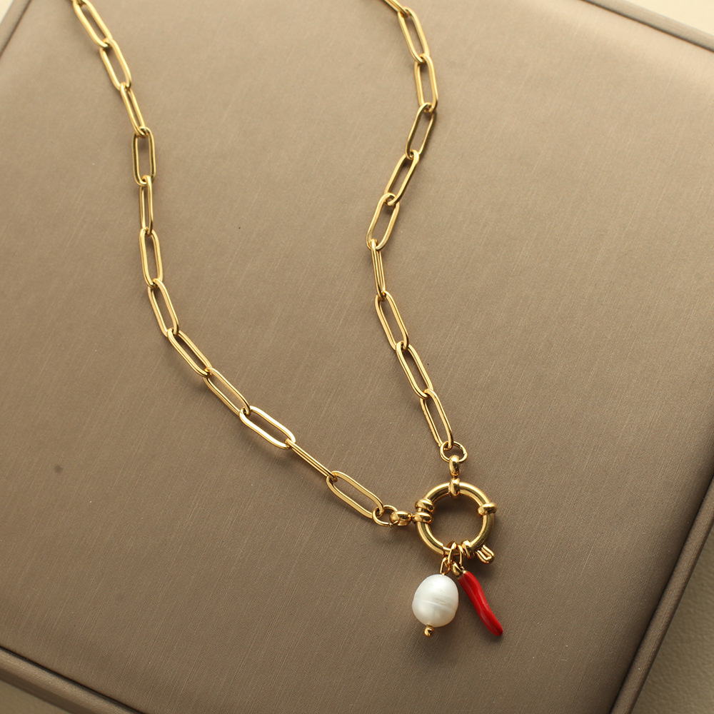 Geometric, chili Pattern All Seasons Season Women's Gender PVD Coated Real Gold Plated Geometric Chili 304 Stainless Steel Vintage Style Classic Style Waterproof Non Tarnish 304 Stainless Steel OT Clasp Toggle Clasp Closure Spring Ring Trigger Clasp Closure Pendant Necklace