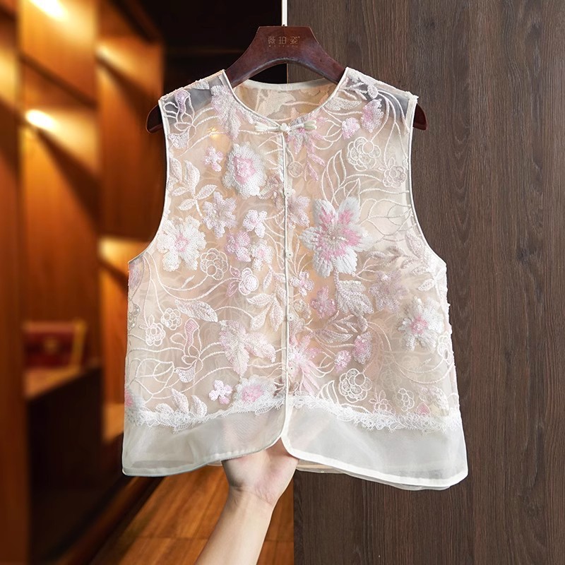 High-End New Chinese Style Buckle Vest for Women, Summer Thin Outer Wear, Foreign-Style Sequined Chinese Style Women's High-End Tops