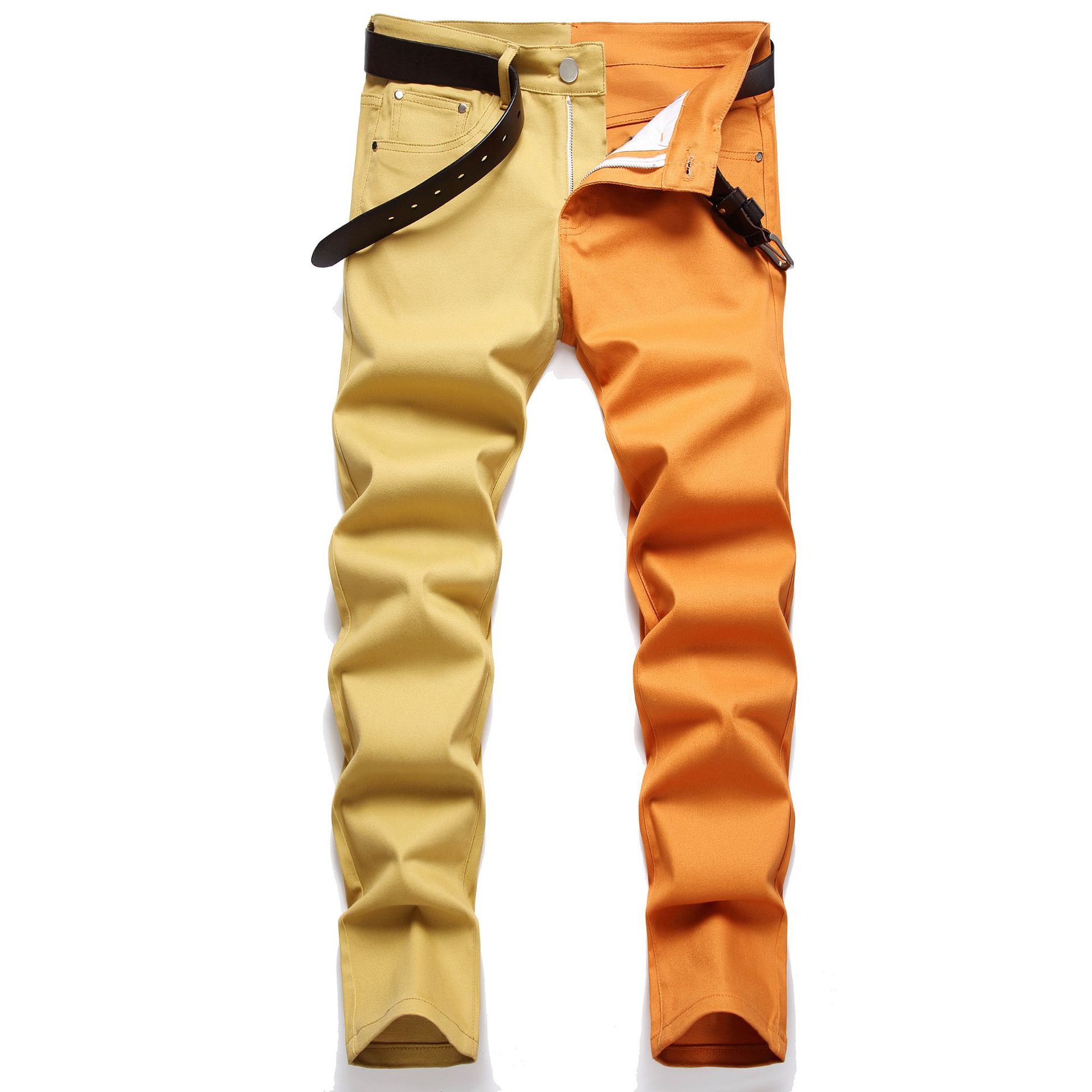 Pantalones vaqueros de los hombres micro elástico slim fit pies costura bicolor tendencia de la moda de los hombres multicolor en stock pantalones de exportación de comercio exterior