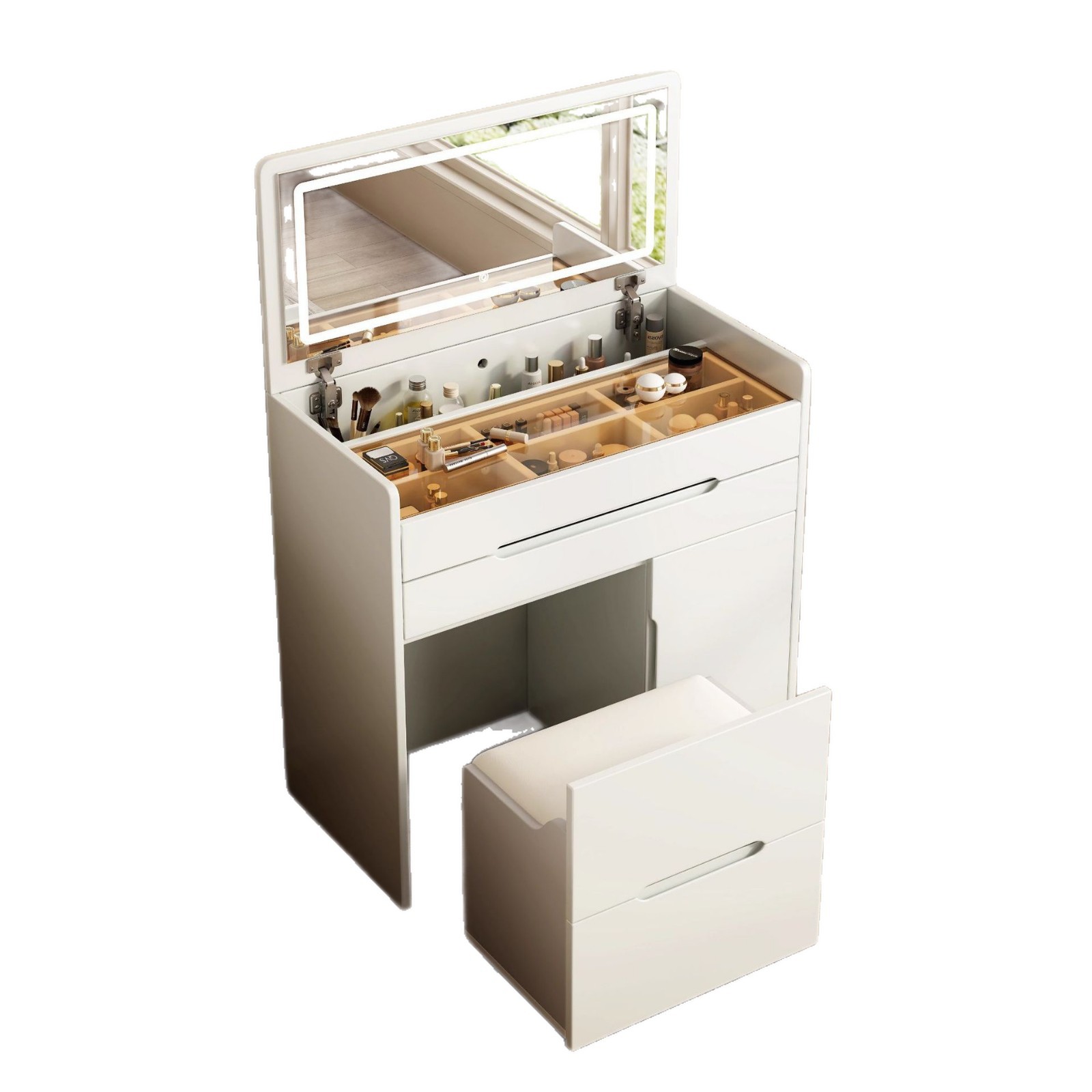 Nuevo tipo de cubierta pequeña dormitorio moderno y simple crema ventana lámpara de mesa de maquillaje gabinete de almacenamiento en uno