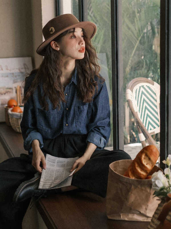 复古港风牛仔衬衫外套女叠穿内搭春秋季2025新款法式衬衣开衫上衣|undefined