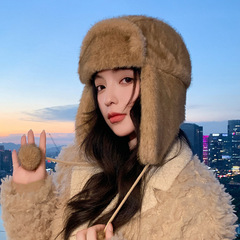 冬天帽子女款加厚保暖雷锋帽户外骑行防风绳护耳毛绒帽纯色显脸小
