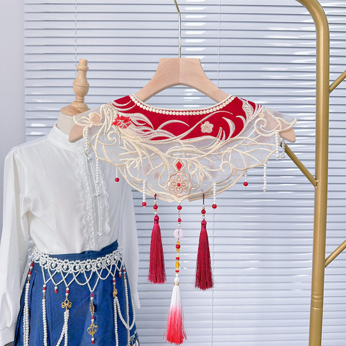 Red Ming-made horse-faced skirt with cloud shoulders, bride's toast collar, red bird embroidery, homecoming banquet shawl, Hanfu accessories, fake collar