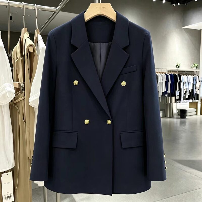 Korean-style light luxury navy blazer for women, gold double-breasted casual suit, plus size slimming commuter women's clothing