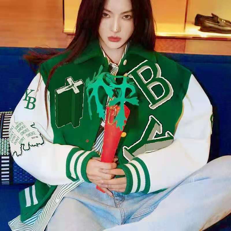 Green letter baseball uniform jacket mal...