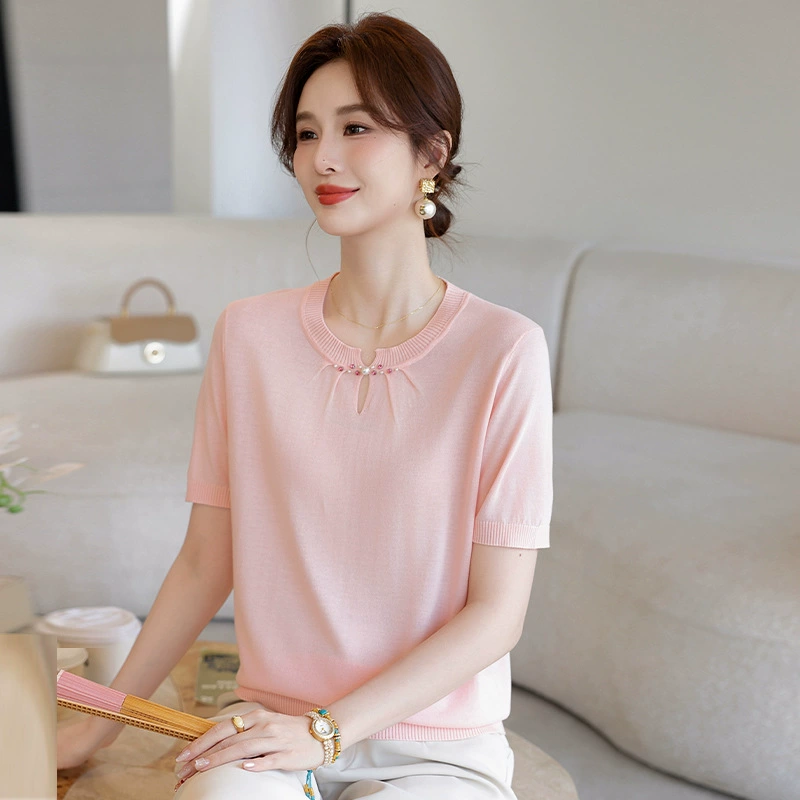 Новая китайская футболка с короткими рукавами женская 2025 лето новый национальный стиль с круглым вырезом трикотажный топ тонкая футболка с короткими рукавами из ледяной шелк