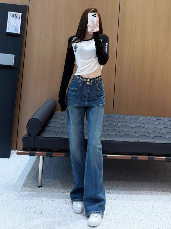 秋季新款复古拼接假两件牛仔裤遮肉显腿长阔腿裤南油女垂感直筒裤|undefined