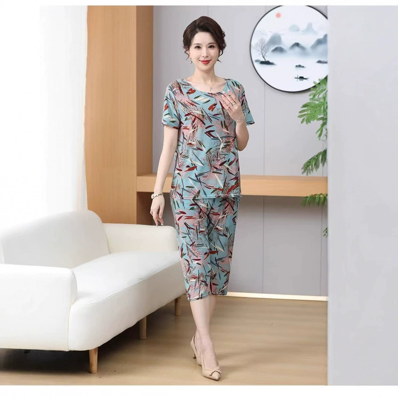 Летний костюм для мамы среднего и пожилого возраста, пижамы из ледяного шелка, женская домашняя одежда, комплект из двух предметов с короткими рукавами, плюс толстый, свободный повседневный комплект