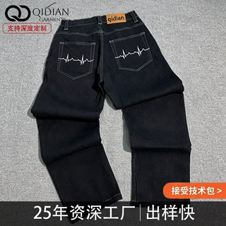 工厂定制美式高街重磅牛仔裤简约刺绣直筒长裤男士百搭休闲牛仔裤