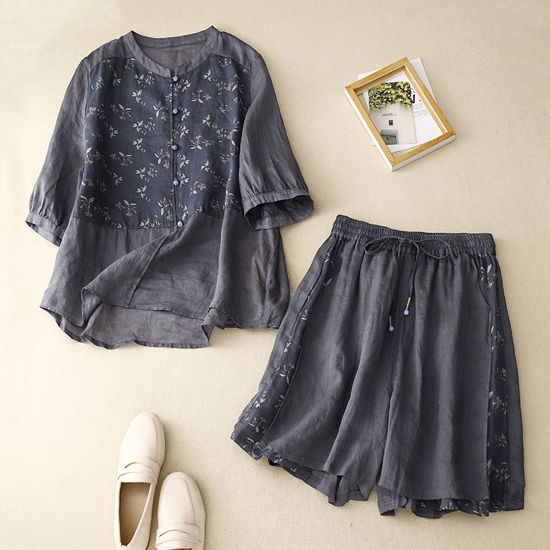 Loose-Fit Slimming Look Suit for Women, Summer Style, National Style Splicing Print, Loose Cotton and Linen Casual Artistic Shirt and Shorts Two-Piece Set