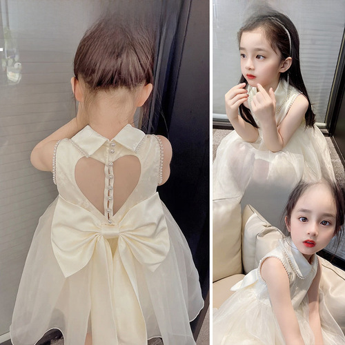 Korean-style trendy 2024 summer girl dress with butterfly bow and heart princess design, lace dress