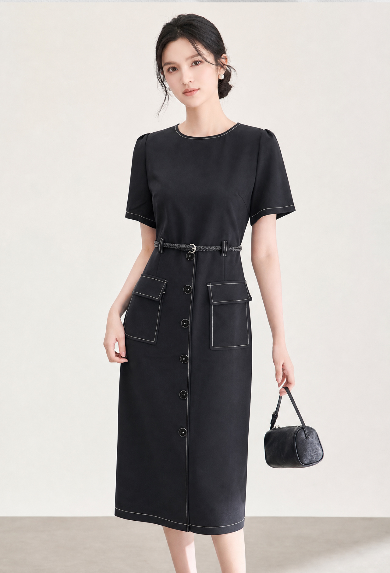 Đầm suông midi thắt eo phong cách Pháp thanh lịch — màu đen chi tiết 2