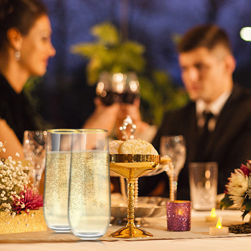 Copa de champán de plástico de 270 ml, copa de vino con borde dorado de plástico, copa de champán desechable, Amazon TEMU