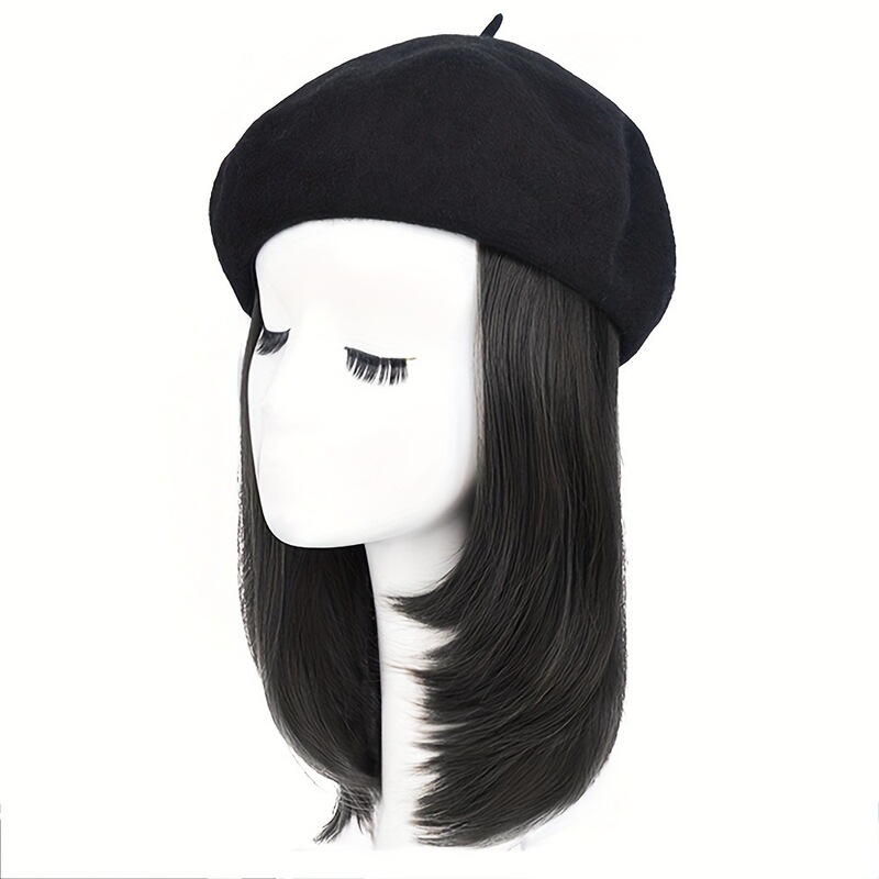2026 Internet Celebrity Wig Hat with Hair, Autumn and Winter Fashion Beret with Collarbone-Length Hair, Trendy Versatile Integrated Wig for Women