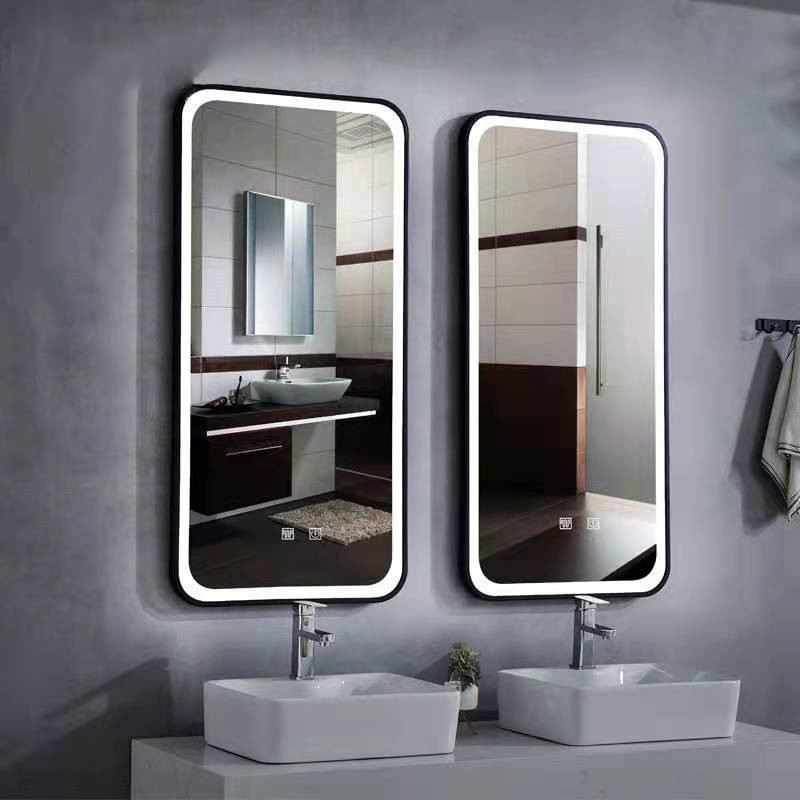 Square Hotel Aluminum Alloy Frame Bathroom Mirror with Sensor Defogging, Touch Screen, Wall-Mounted Vanity Mirror, Smart