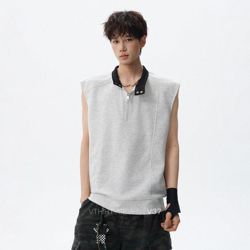 Trendy Brand Half-Zip Stand-Collar Vest for Men, Summer Loose Fit Patchwork Sleeveless T-Shirt with Street-Style Color-Blocking Design Trendy Brand Half-Zip Stand-Collar Vest for Men, Summer Loose Fit Patchwork Sleeveless T-Shirt with Street-Style Color-Blocking Design