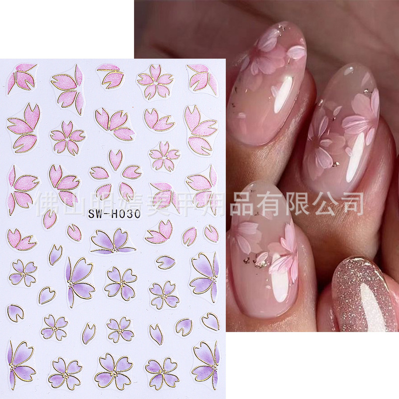 2025 New Nail Art Stickers Ins-style Cross-border Bronzing Spring and Summer Cherry Blossom Japanese Blue Flower Adhesive Nail Stickers