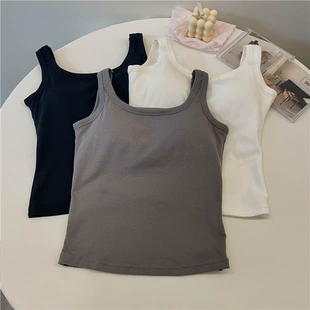 Cotton Sleeveless Tank Top (Women) with Built-in Cups, Square Neckline, Slim Fit, One Size