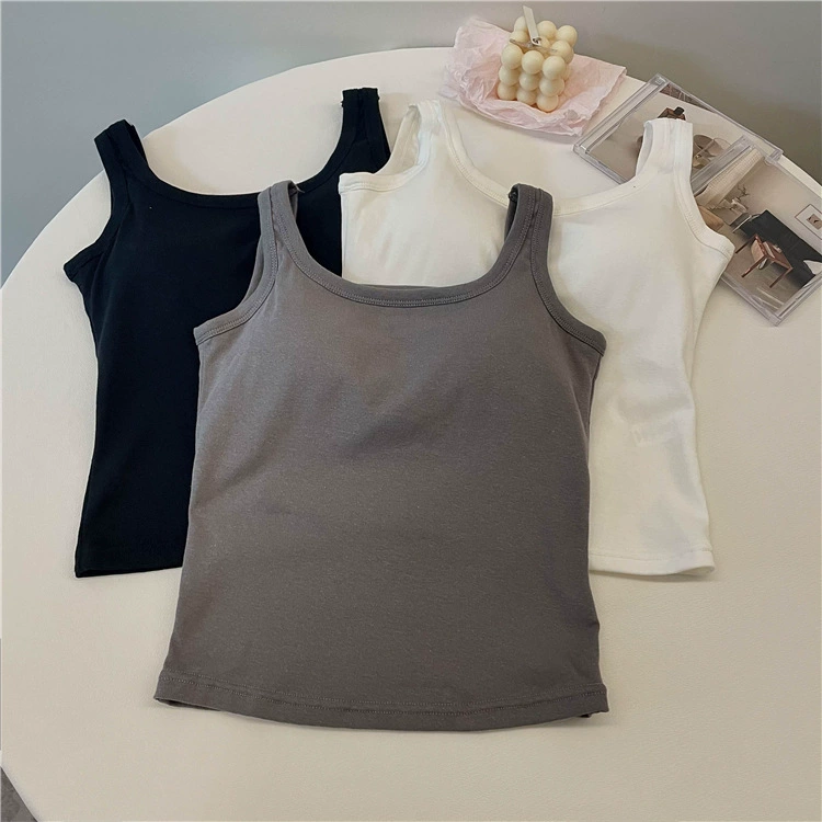 Cotton Sleeveless Tank Top (Women) with Built-in Cups, Square Neckline, Slim Fit, One Size