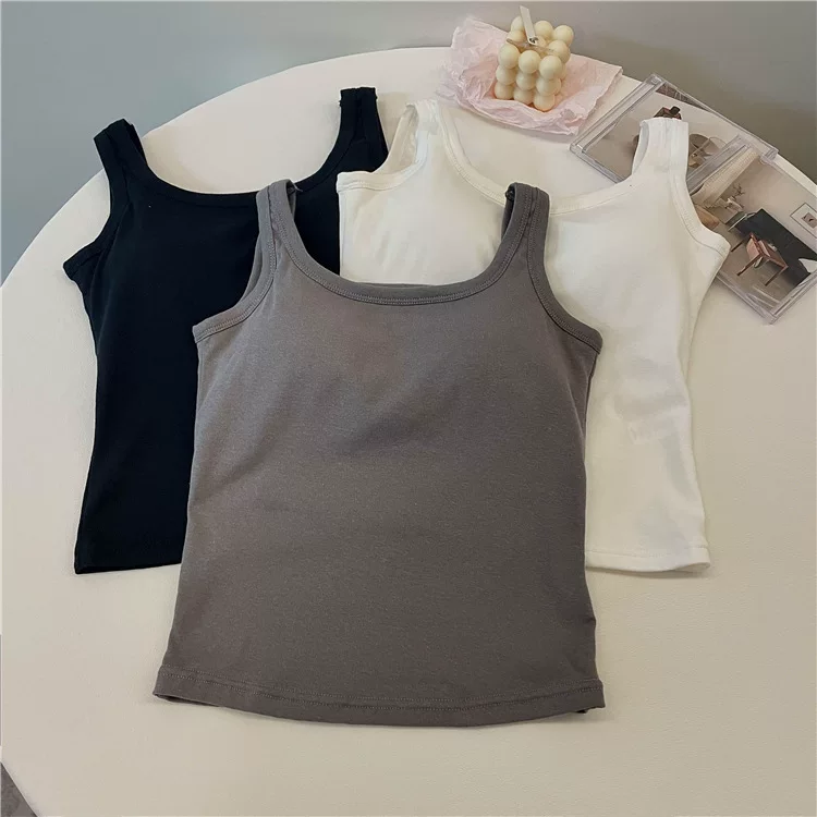 Cotton Sleeveless Tank Top (Women) with Built-in Cups, Square Neckline, Slim Fit, One Size