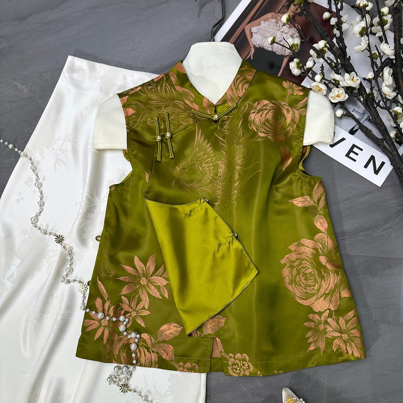 801  新中式真丝老缎提花斜襟盘扣马甲女，S M L XL，不退不换！|undefined