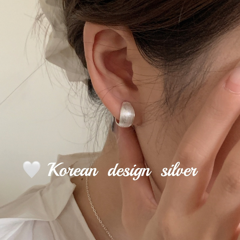 韓版重工高級感設計耳飾品 通體S925純銀條紋雙面耳扣ins風氣質女