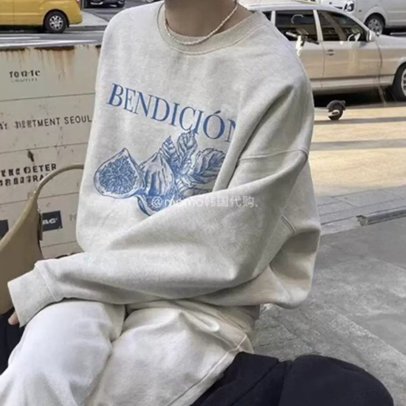 Spot Korean Designer Fig Spring & Fall New Style Fig Print Lazy Loose Versatile Casual Round Neck Sweatshirt