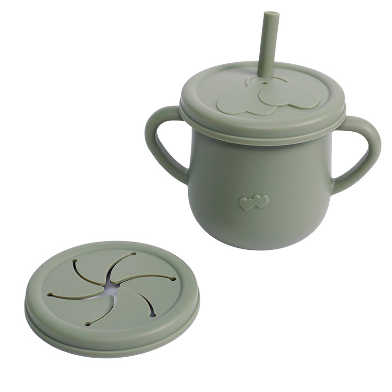 Vaso de aprendizaje para bebés con doble asa, vajilla para niños, vaso con pajita de silicona, vaso para refrigerios, vaso para agua con escala, vaso con doble tapa