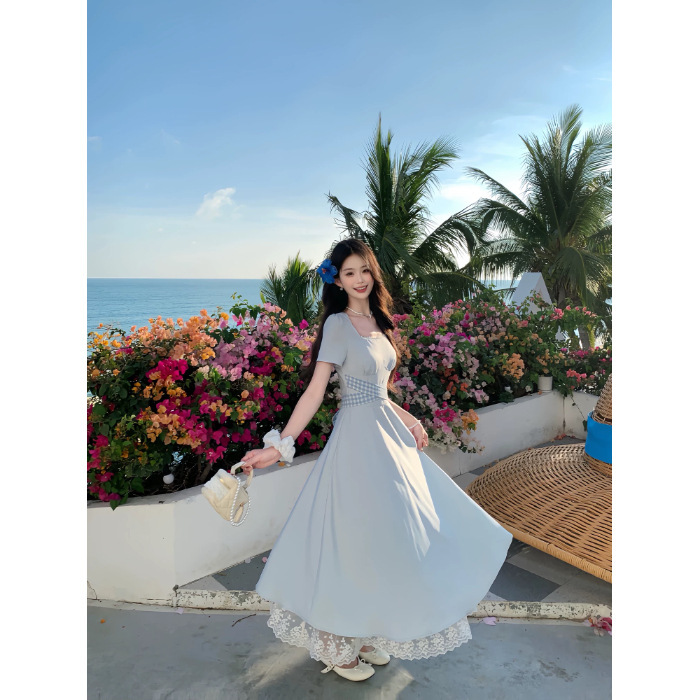 今年流行爆款法式蓝色方领连衣裙子女装夏季穿搭2025新款收腰长裙|undefined