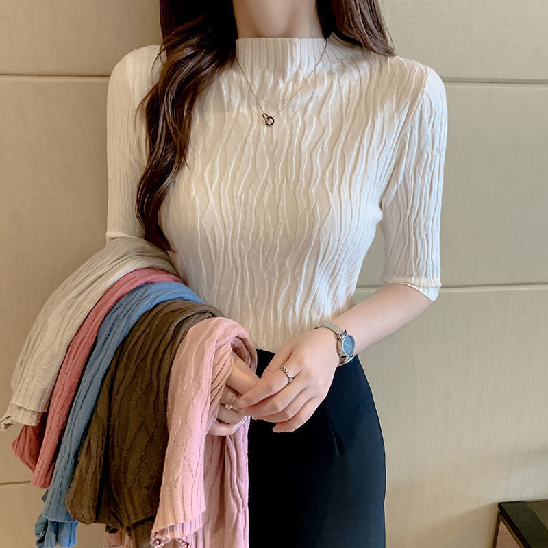 中袖打底衫毛衣女秋季新款半高领洋气修身短款上衣内搭短袖针织衫|undefined
