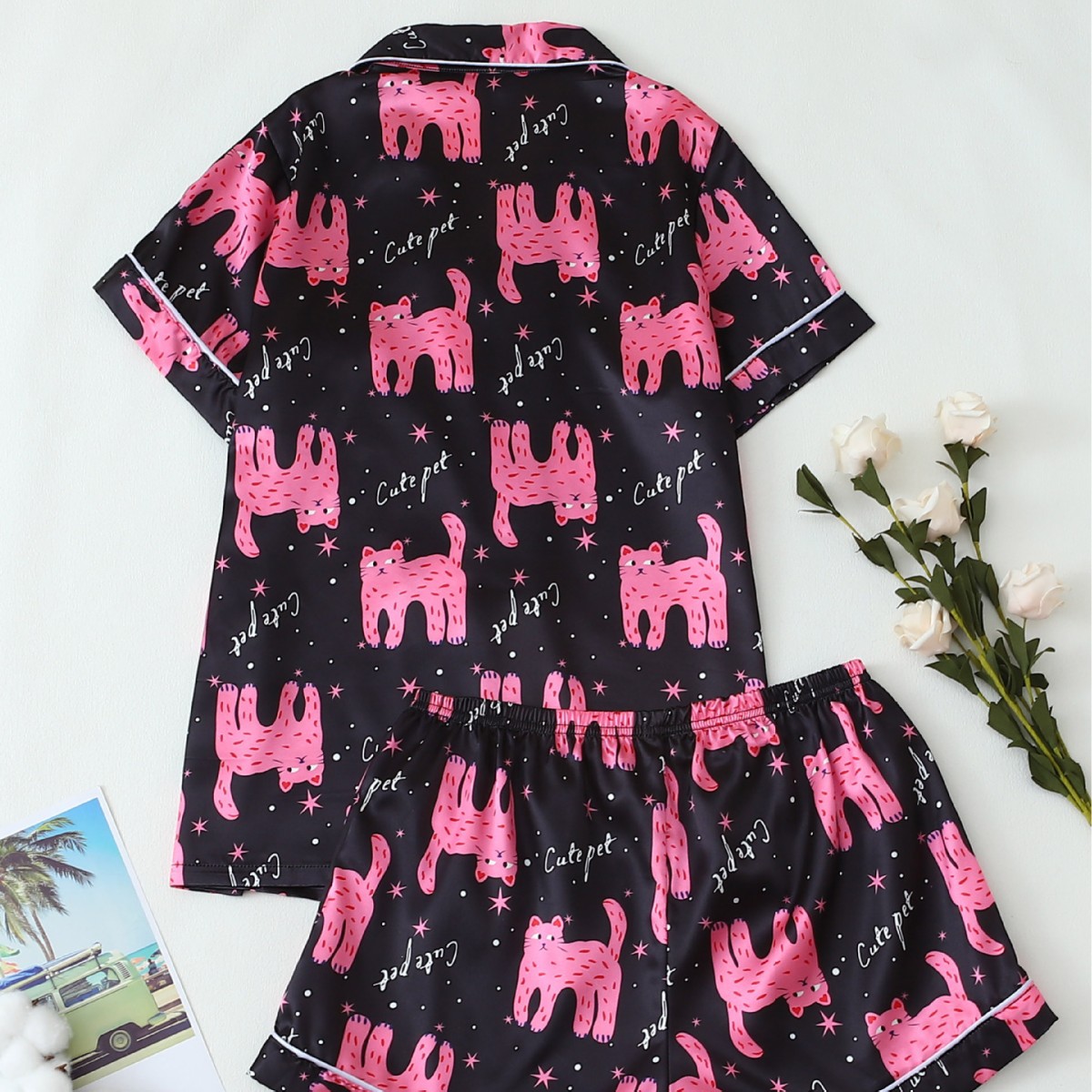 Women's Black Satin Pajama Set With Cat Print – Short-Sleeve Button-Up Top & Shorts (S-Xl) | Soft & Stylish Sleepwear_voghion.com