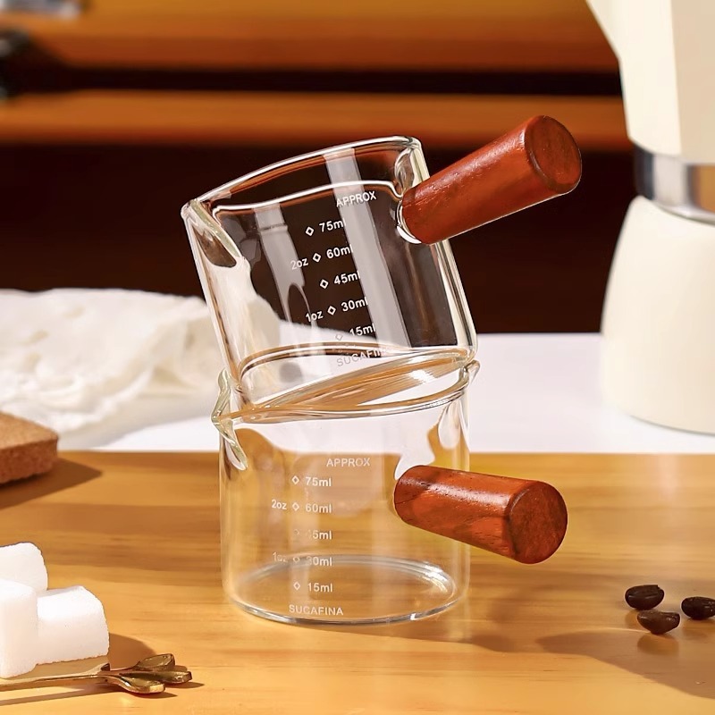 Wholesale Glass Small Milk Jug with Scale, Espresso Extraction Measuring Cup, Wooden Handle Mini Milk Jug, Ounce Cup