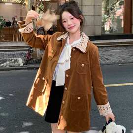 原版有内里 高级超好看复古大衣美拉德蕾丝拼接麂皮绒风衣外套女