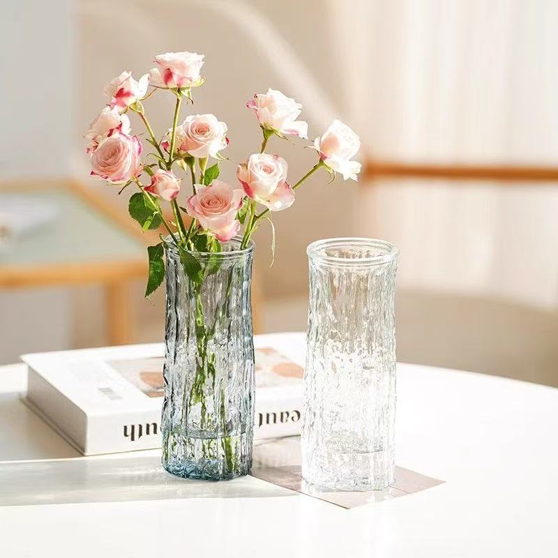 Vase Ins Style High-Looking Vertical Pattern Tree Body Glass Vase Rose Lily Tulip Home Decoration Ornaments