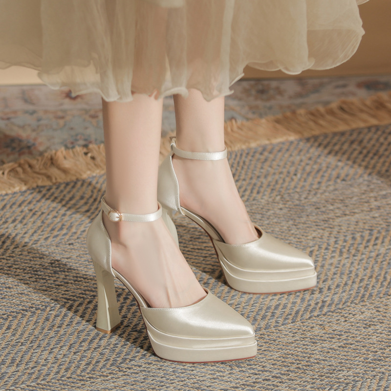 Jin Gang M11501 Pointed Thick Heeled Hollow Double Layer Waterproof Platform Super High Heeled Single Shoes Women's 2024 Wedding Shoes Bridal Shoes