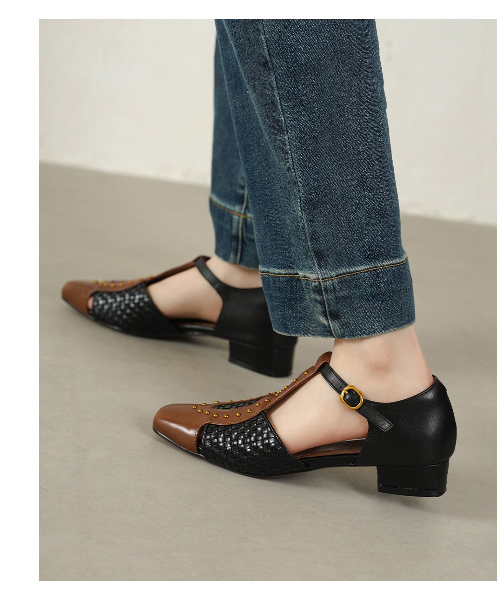 Sandal nữ mũi nhọn gót thấp da bò đinh tán phong cách La Mã — đen chi tiết 11