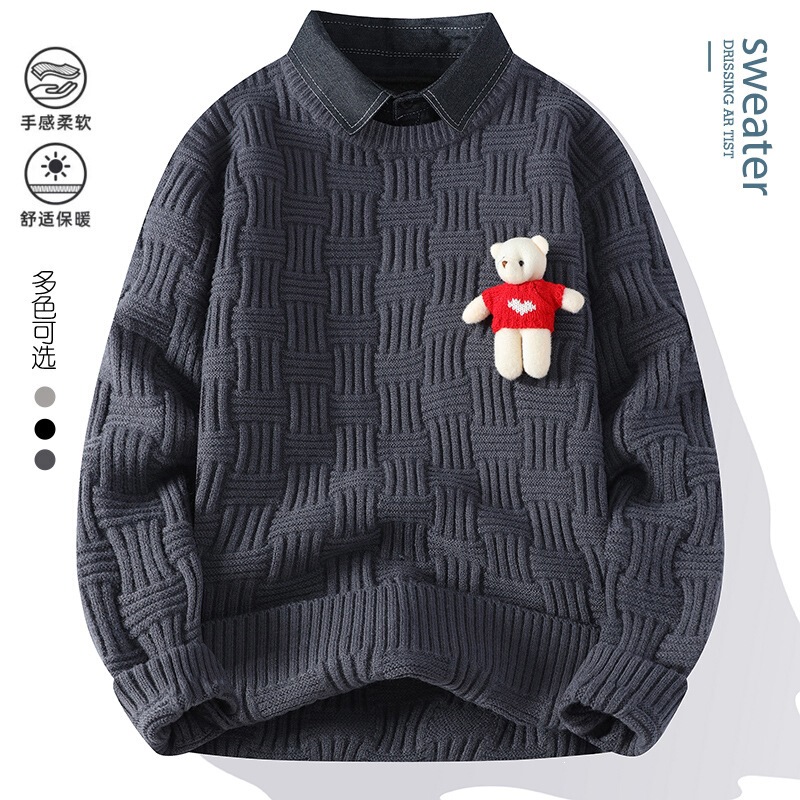 Spring and autumn two-piece sweater for men with a shirt collar, Korean style trendy inner knit top, student collared sweater Spring and autumn two-piece sweater for men with a shirt collar, Korean style trendy inner knit top, student collared sweater
