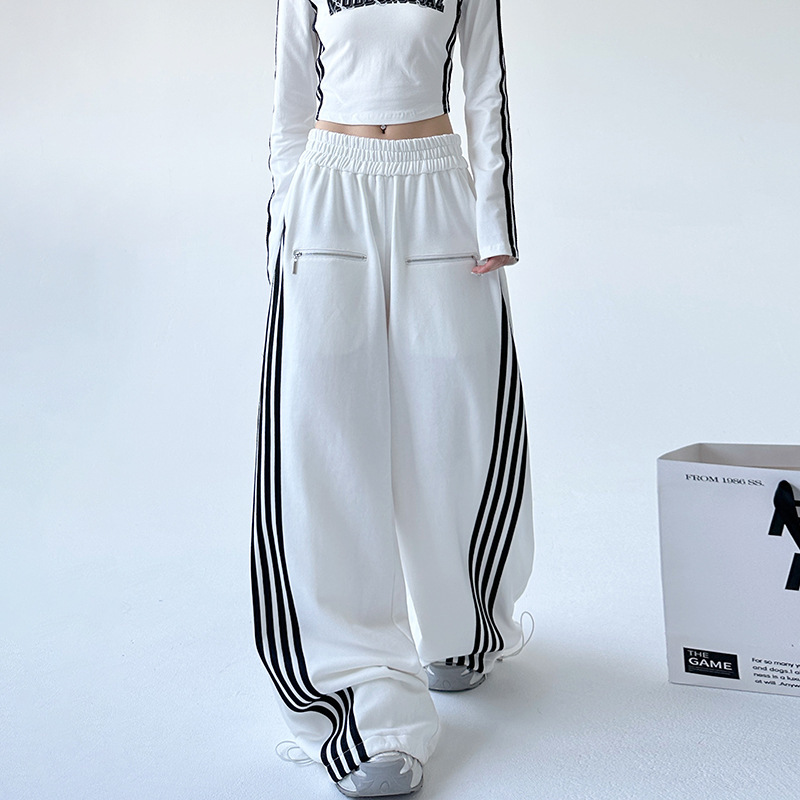 白色街头运动休闲裤女2025秋季新款侧条纹宽松阔腿裤慵懒运动裤子|undefined