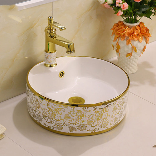 European-style electroplated ceramic face basin bathroom sink gold-plated basin with floral design luxury gold-colored pedestal sink