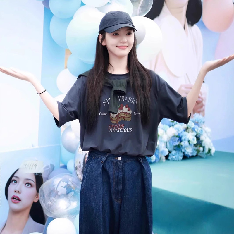 Zhang Ruonan Same Style chubby girl Large Size Short-sleeved T-shirt Women's Pure Cotton Korean-style Chic Printed Half-sleeved T-shirt Ins Trendy