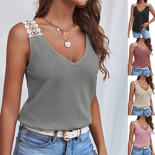 European and American Summer TEMU Women's Solid Color Lace Waffle Stitching Vest Short T-shirt for Women